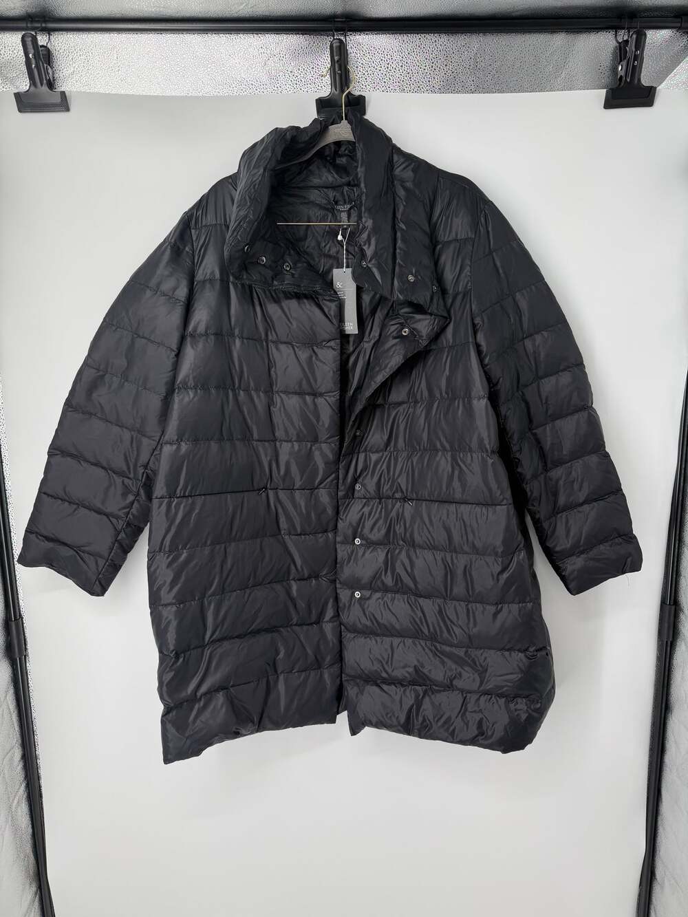 Eileen Fisher Standard Collar Cocoon Coat SZ 2X Black 80/20 Down Filled Minimal